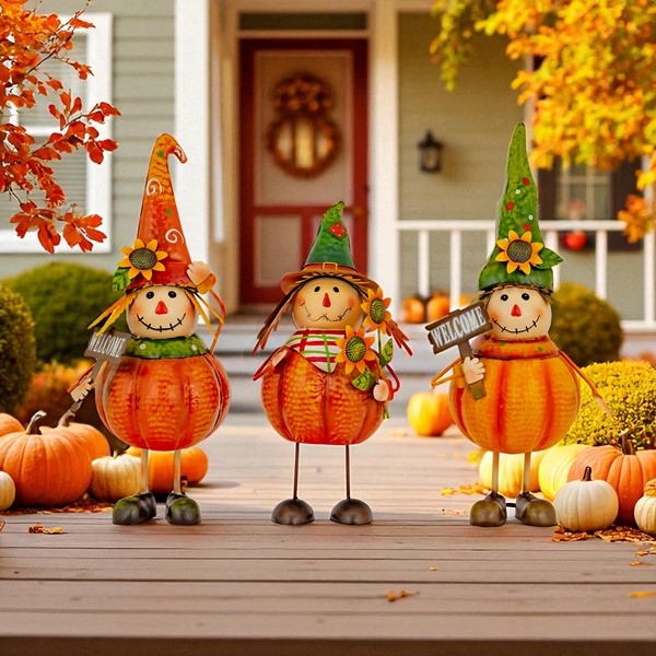 Set of 3 Assorted Metal Pumpkin Scarecrow Figurines 