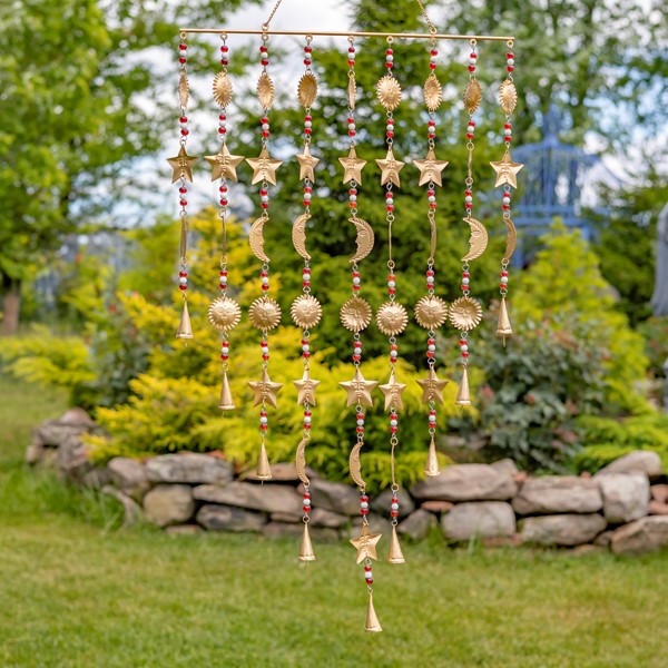 Set of 6 Assorted Gold Metal Curtain Wind Chimes with Dangling Bell Accents