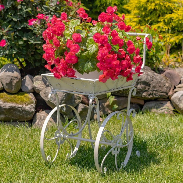 Two Tier Iron Flower Push Cart in Antique White 