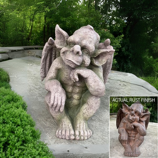 Set of 2 Magnesium Gargoyle Statues in Antique Rust 