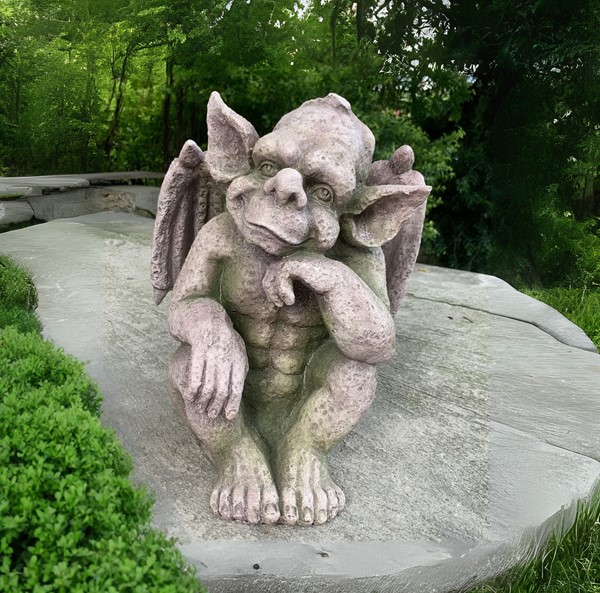 Set of 2 Magnesium Gargoyle Statues in Antique Grey 