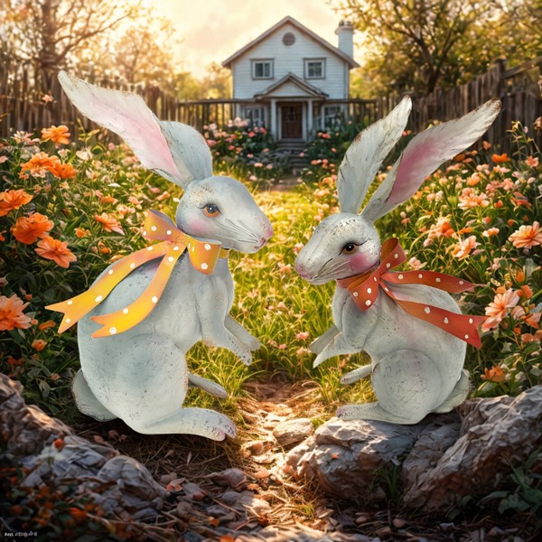 Pre-Order: Set of 2 Assorted White Rabbit Metal Garden Figurines with Ribbons