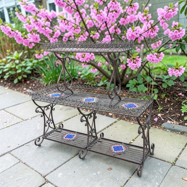 6.5ft. Long Santorini Bridge-Like Iron & Mosaic Plant Stand in