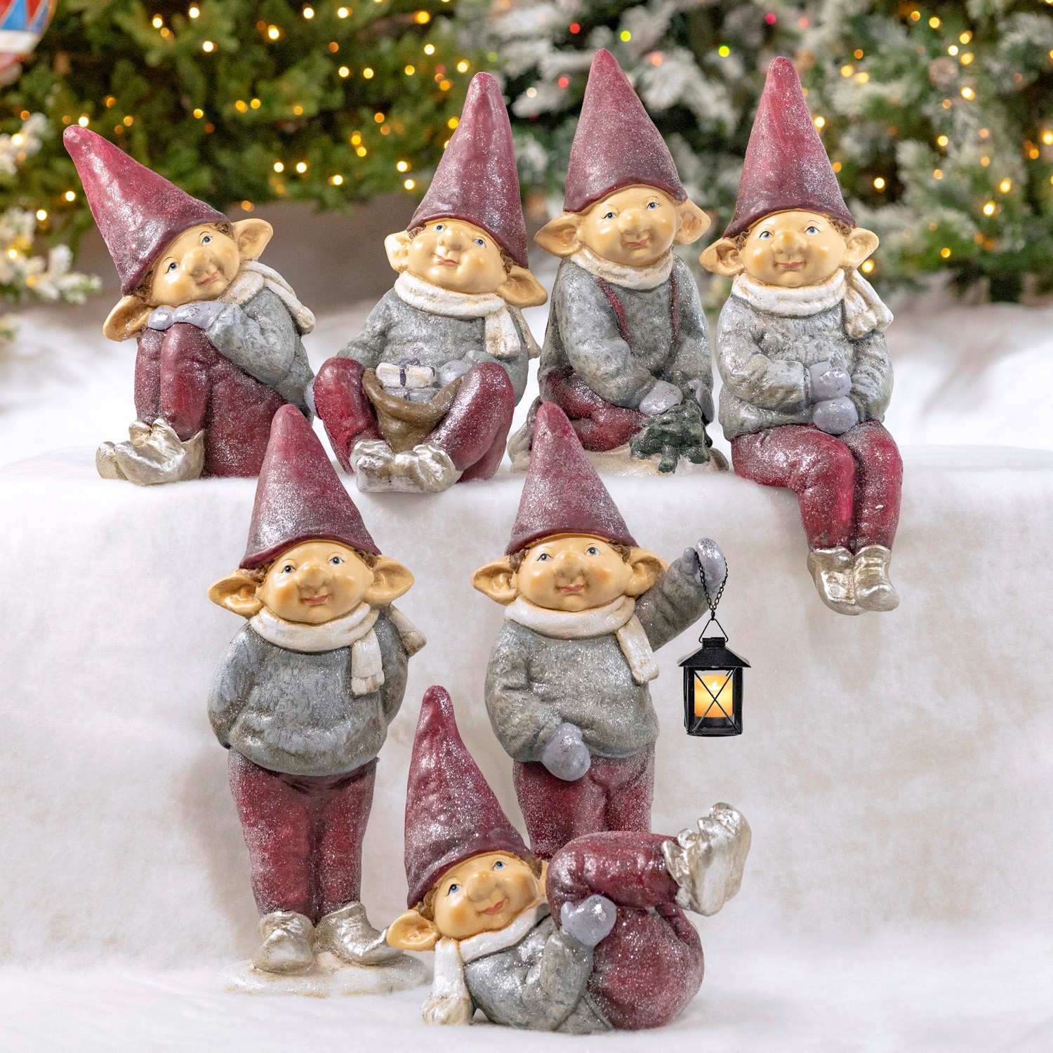 Set of 7 Red Hat Christmas Elves 